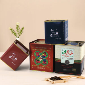 Square tin storage containers for tea